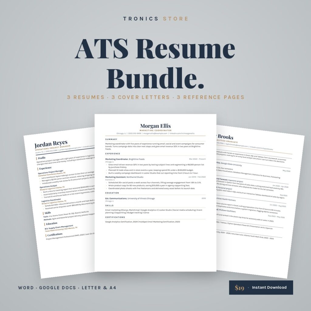 ATS Resume Template Bundle with three resume templates fanned out: Classic, Modern and Graduate