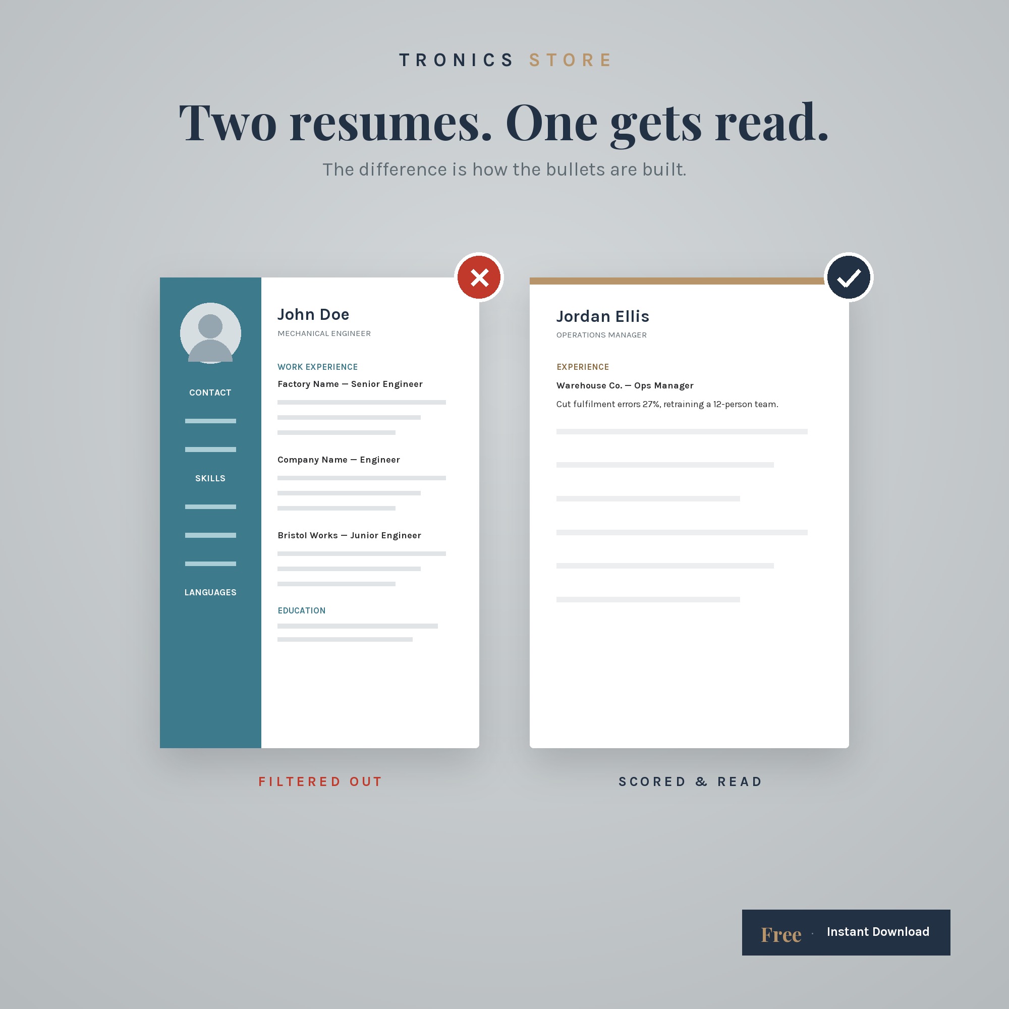 Two resumes compared side by side: weak vs ATS-friendly