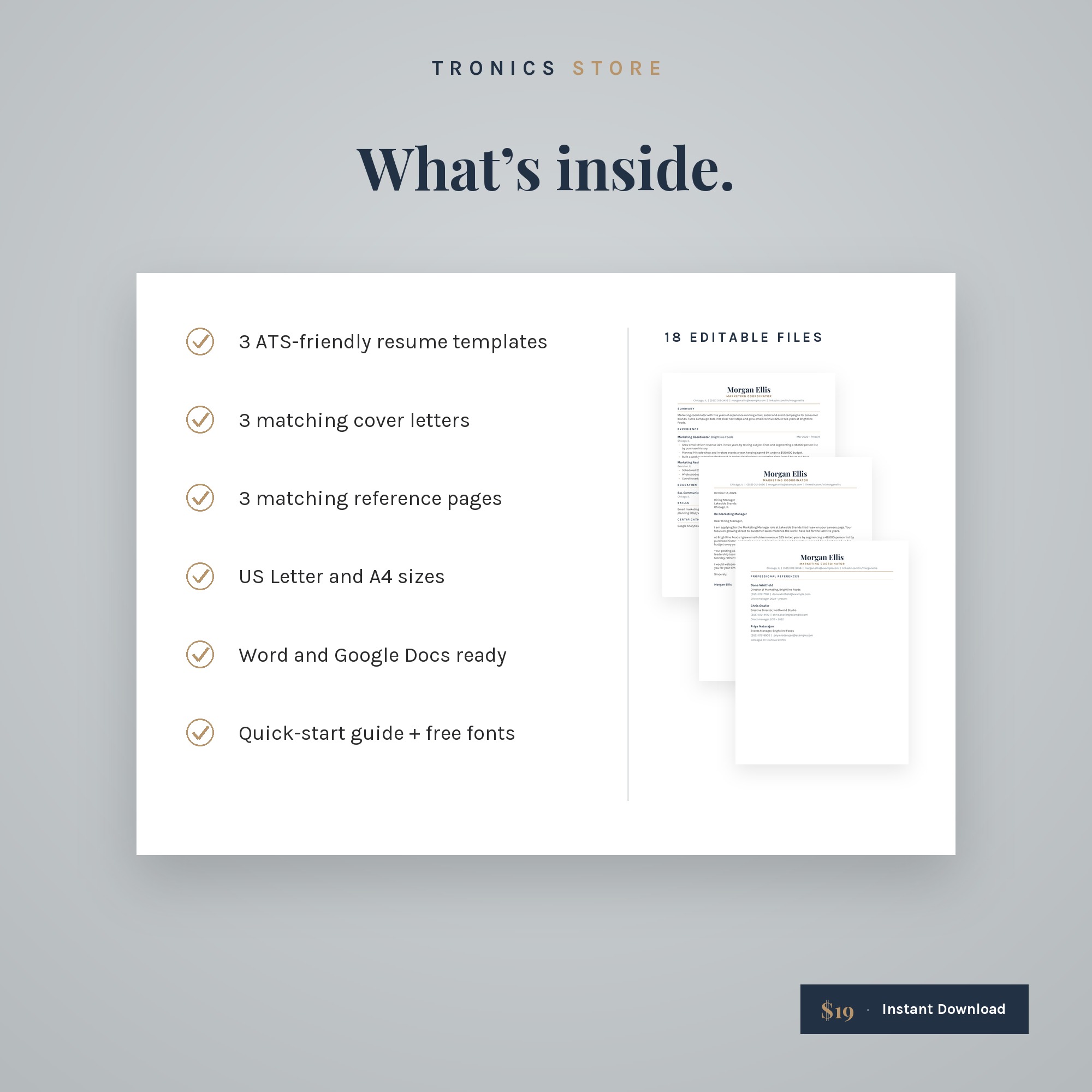 What's inside the ATS resume bundle: 3 resumes, 3 cover letters, 3 reference pages, Letter and A4, Word and Google Docs