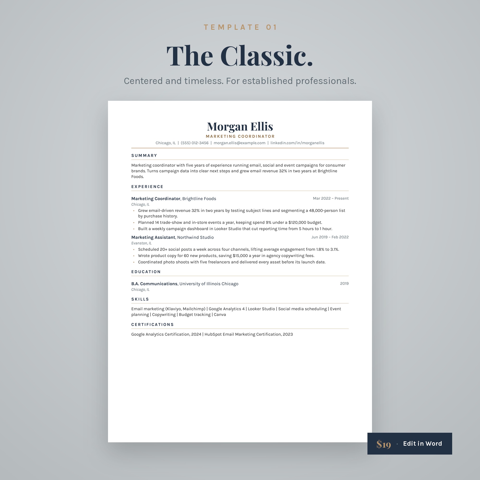 The Classic ATS-friendly resume template with a centered name and gold section rules
