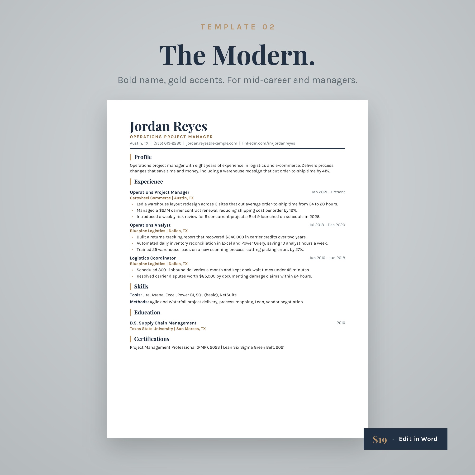 The Modern ATS-friendly resume template with a bold name and gold heading bars