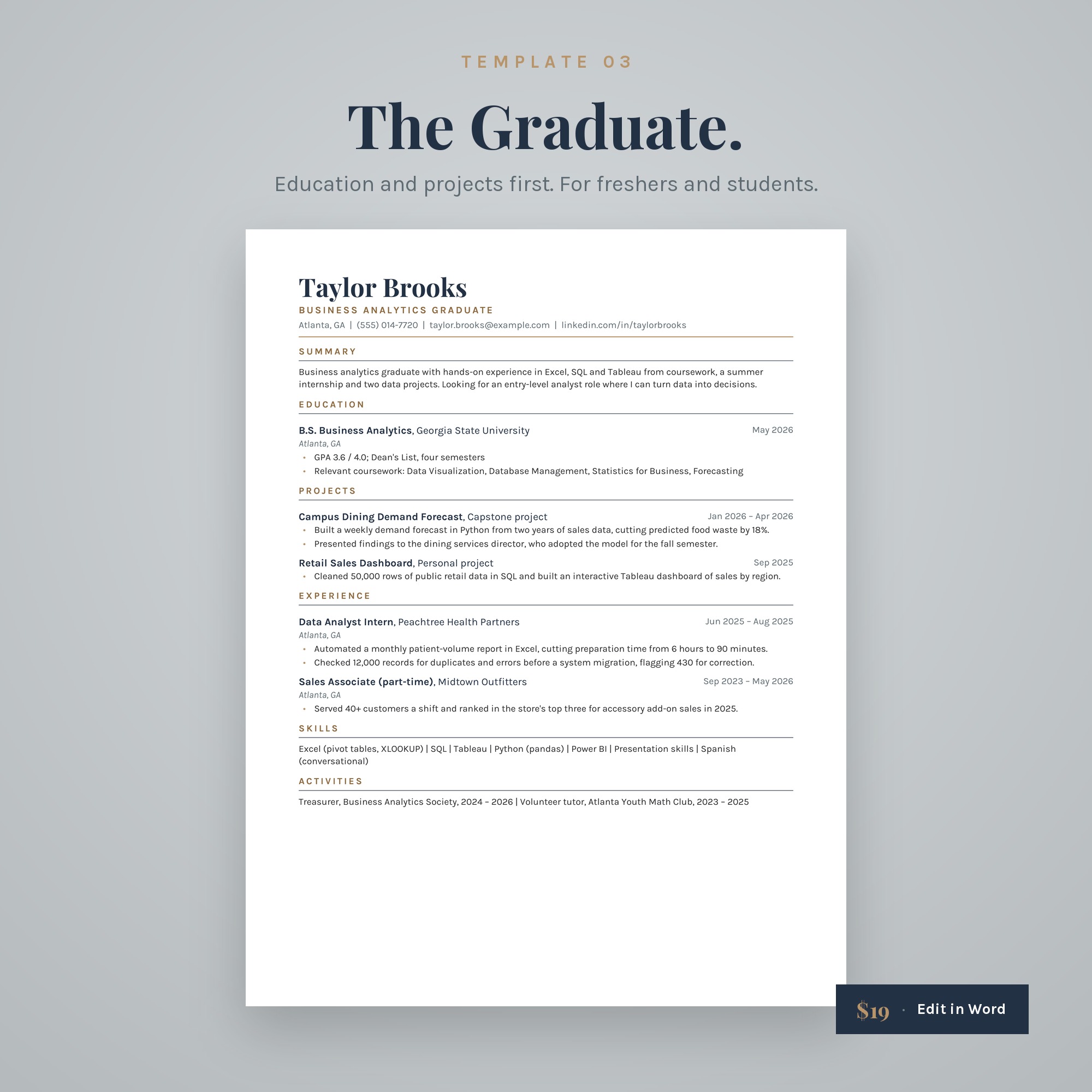 The Graduate ATS-friendly resume template with education and projects first for freshers