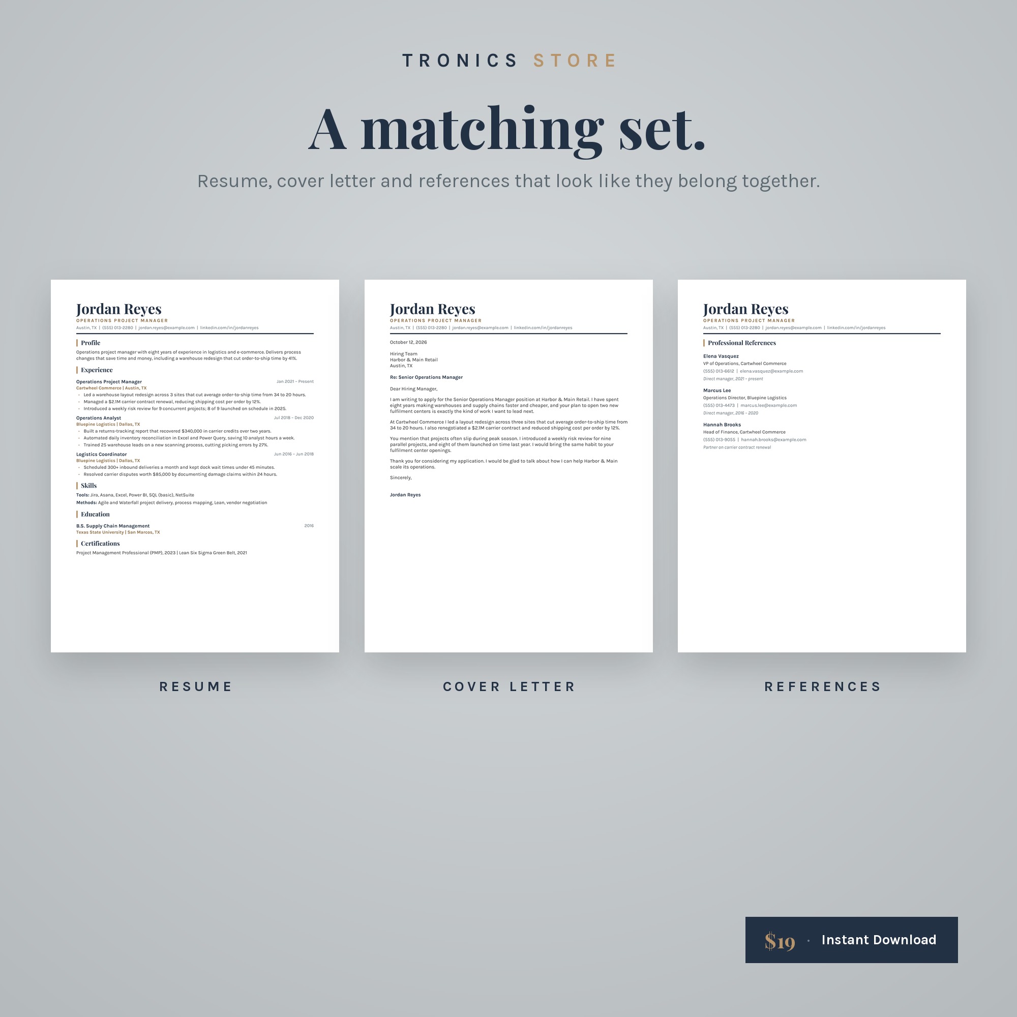 Matching resume, cover letter and reference page from the ATS resume bundle