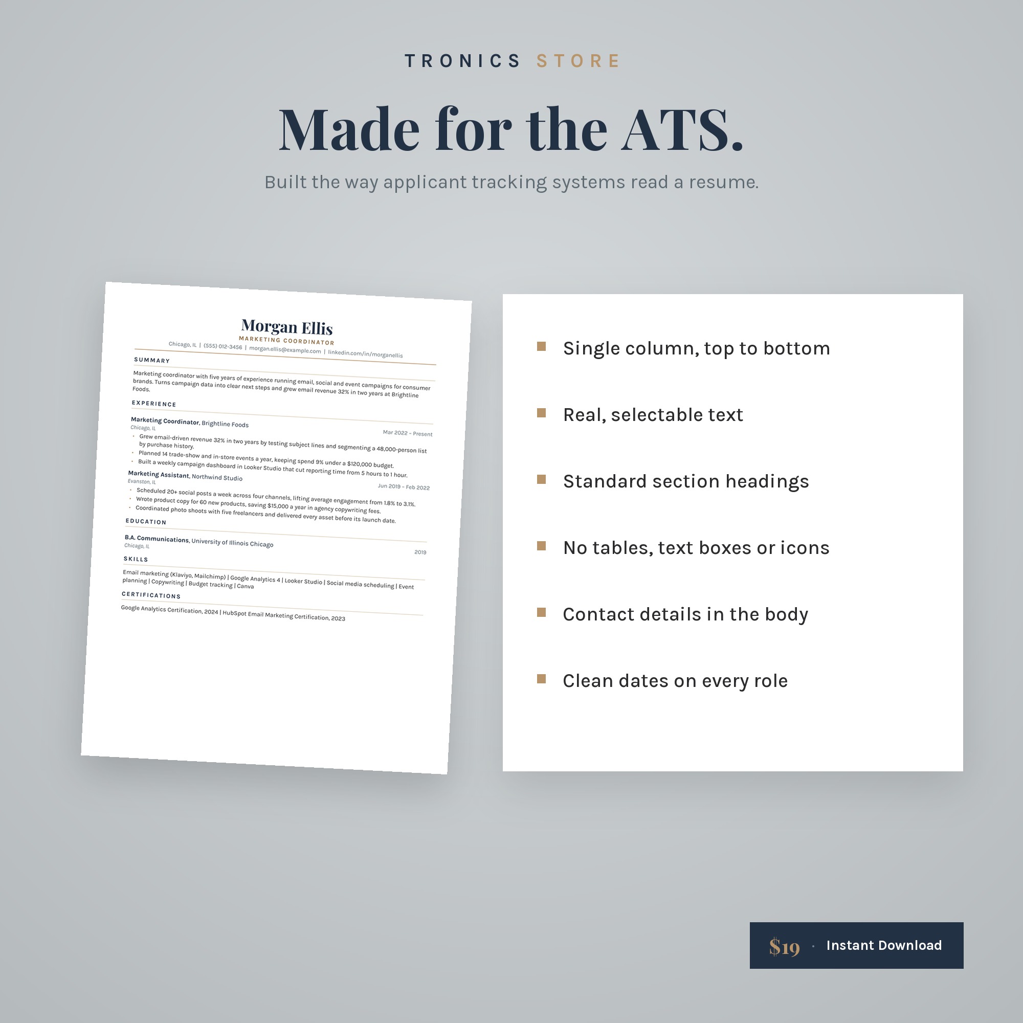 ATS-friendly features: single column, real text, standard headings, no tables or text boxes