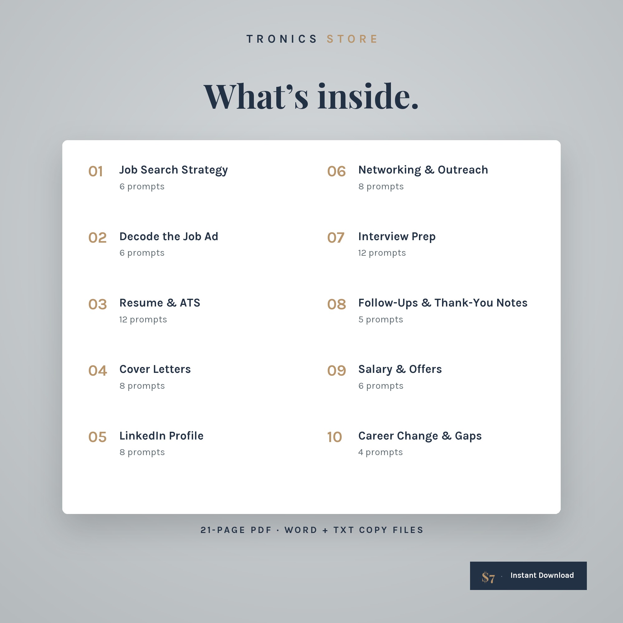 What's inside: 10 prompt categories including resume and ATS, cover letters, LinkedIn, networking and interview prep