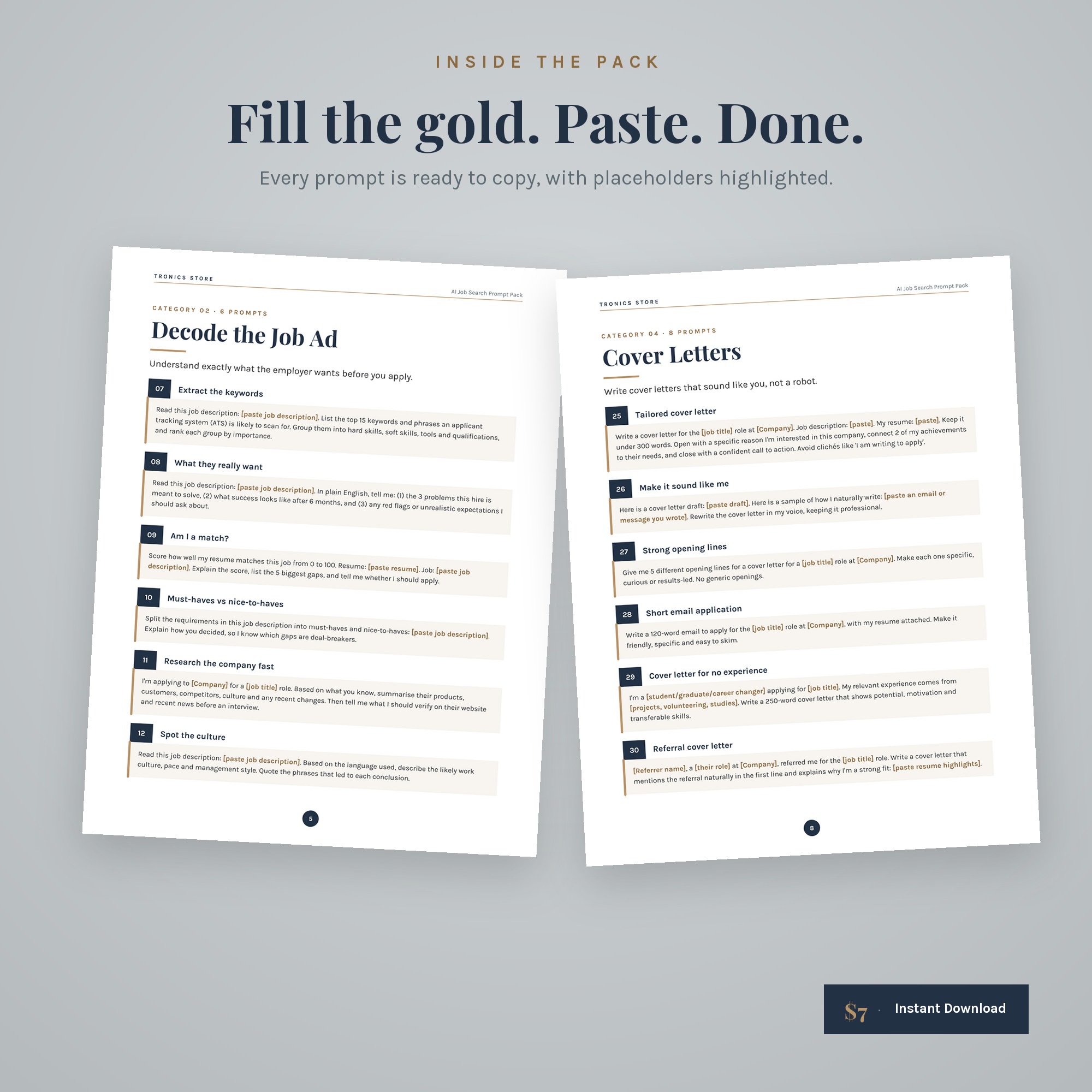Prompt pages with gold placeholders to fill in before pasting into ChatGPT or Claude