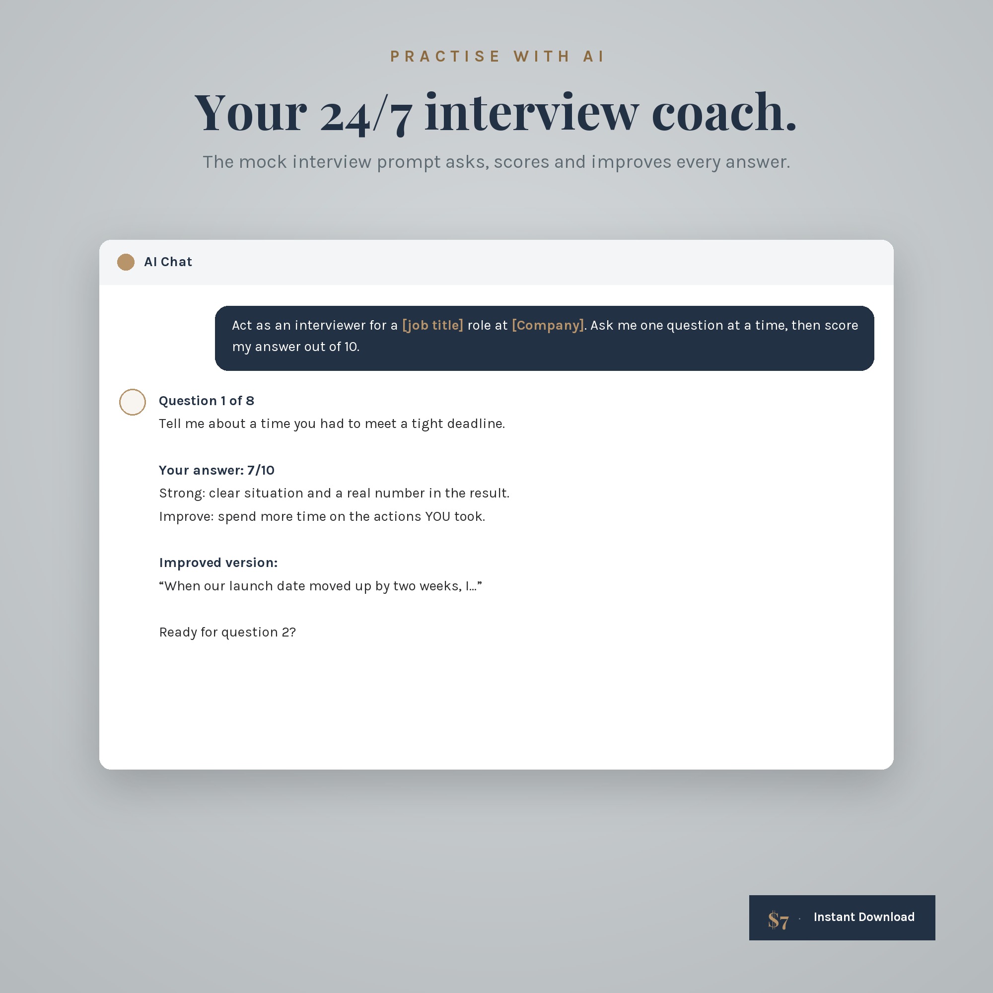 AI mock interview example that asks a question, scores the answer and suggests an improved version