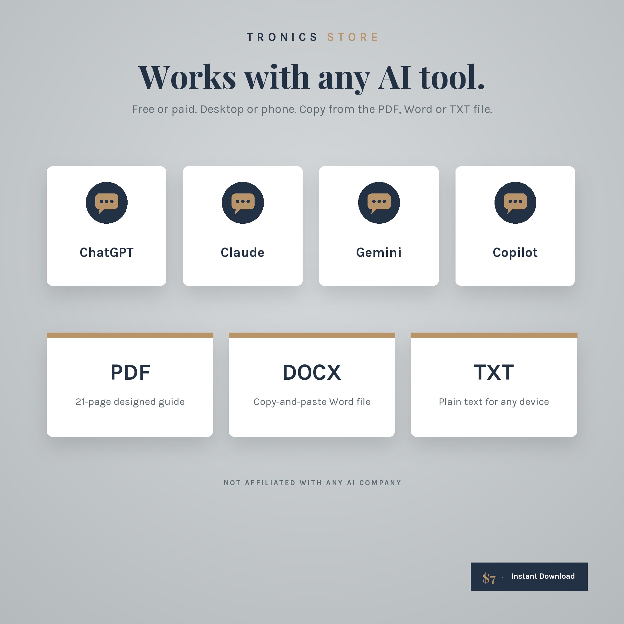 Works with ChatGPT, Claude, Gemini and Copilot, with PDF, DOCX and TXT files included