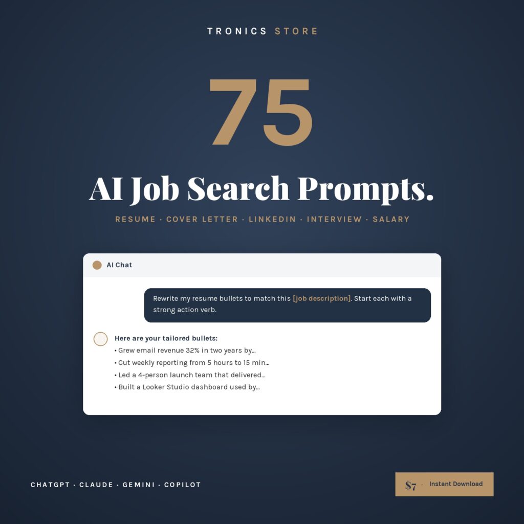 AI Job Search Prompt Pack cover: 75 prompts for resumes, cover letters, LinkedIn, interviews and salary, with an AI chat example