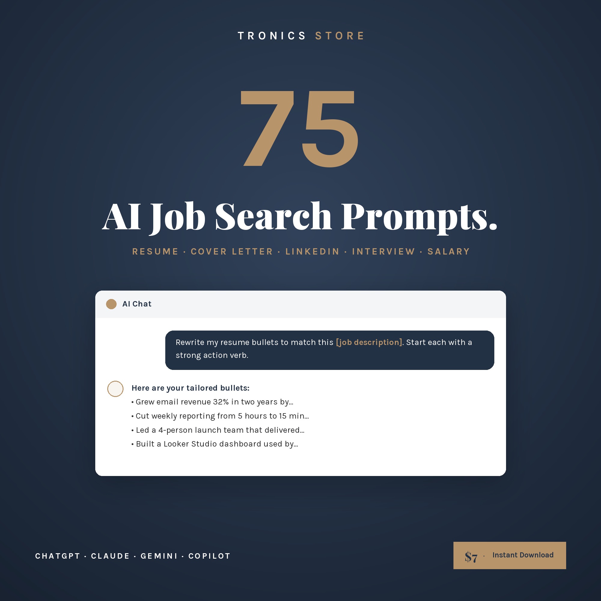 AI Job Search Prompt Pack cover: 75 prompts for resumes, cover letters, LinkedIn, interviews and salary, with an AI chat example