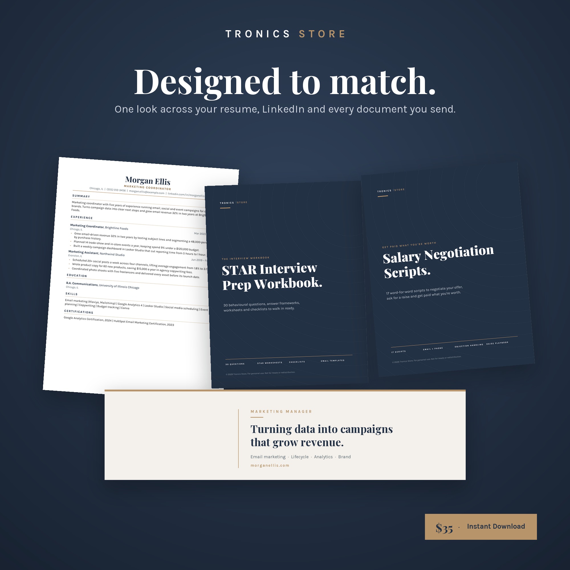 Matching resume, interview workbook, salary scripts and LinkedIn banner in one consistent design
