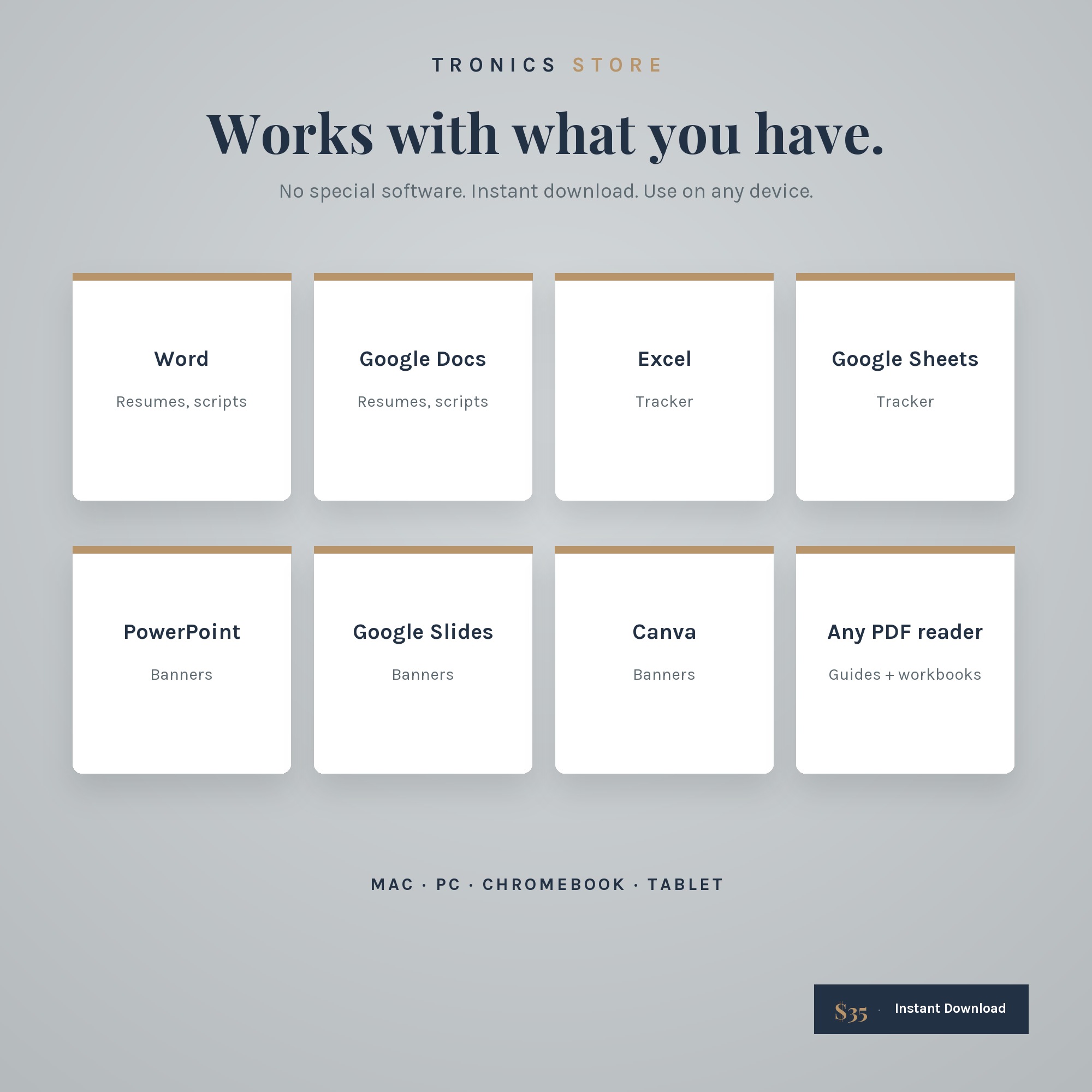 Works with Word, Google Docs, Excel, Google Sheets, PowerPoint, Google Slides, Canva and any PDF reader