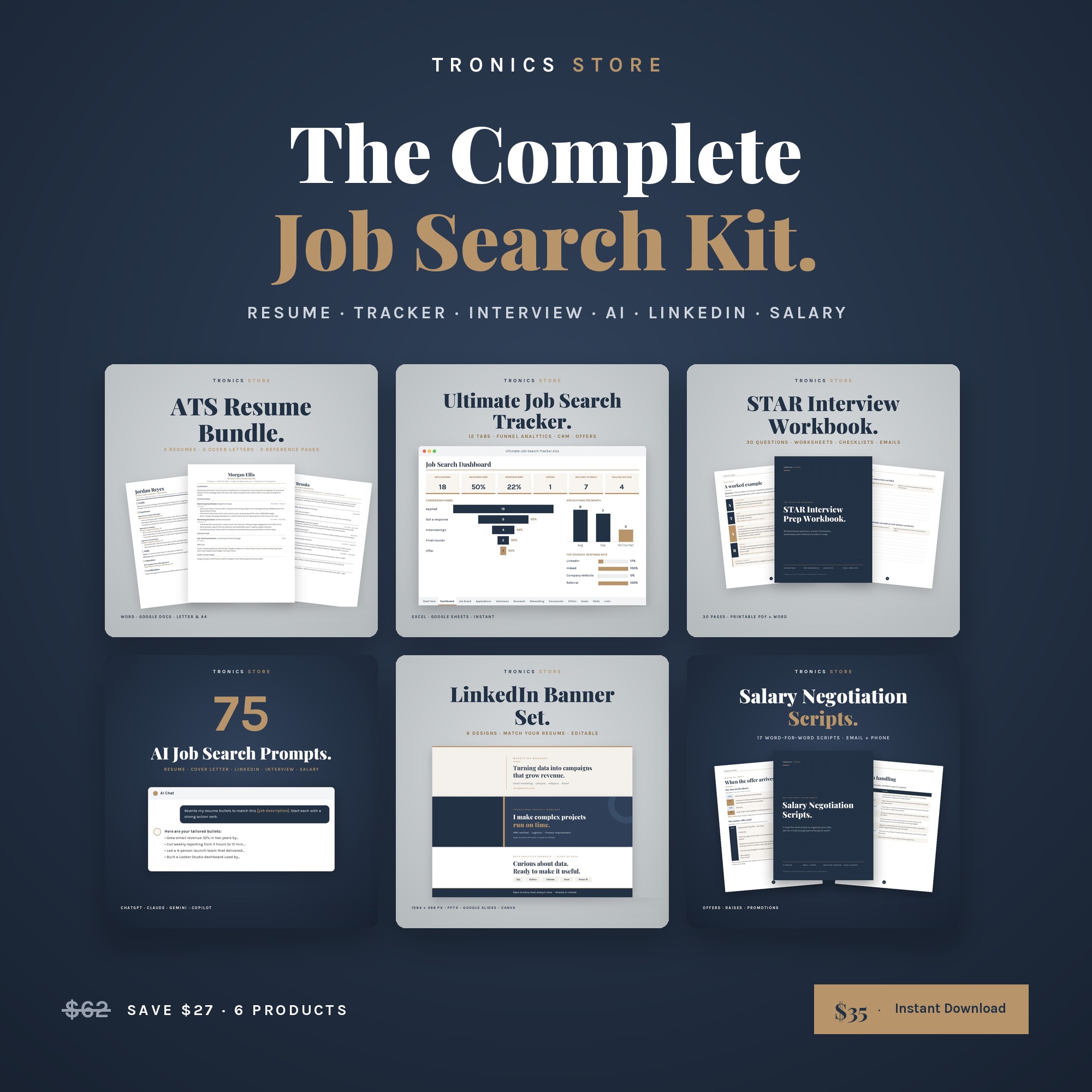 Complete Job Search Kit cover showing six products: resume bundle, Ultimate Job Search Tracker, interview workbook, AI prompts, LinkedIn banners and salary scripts