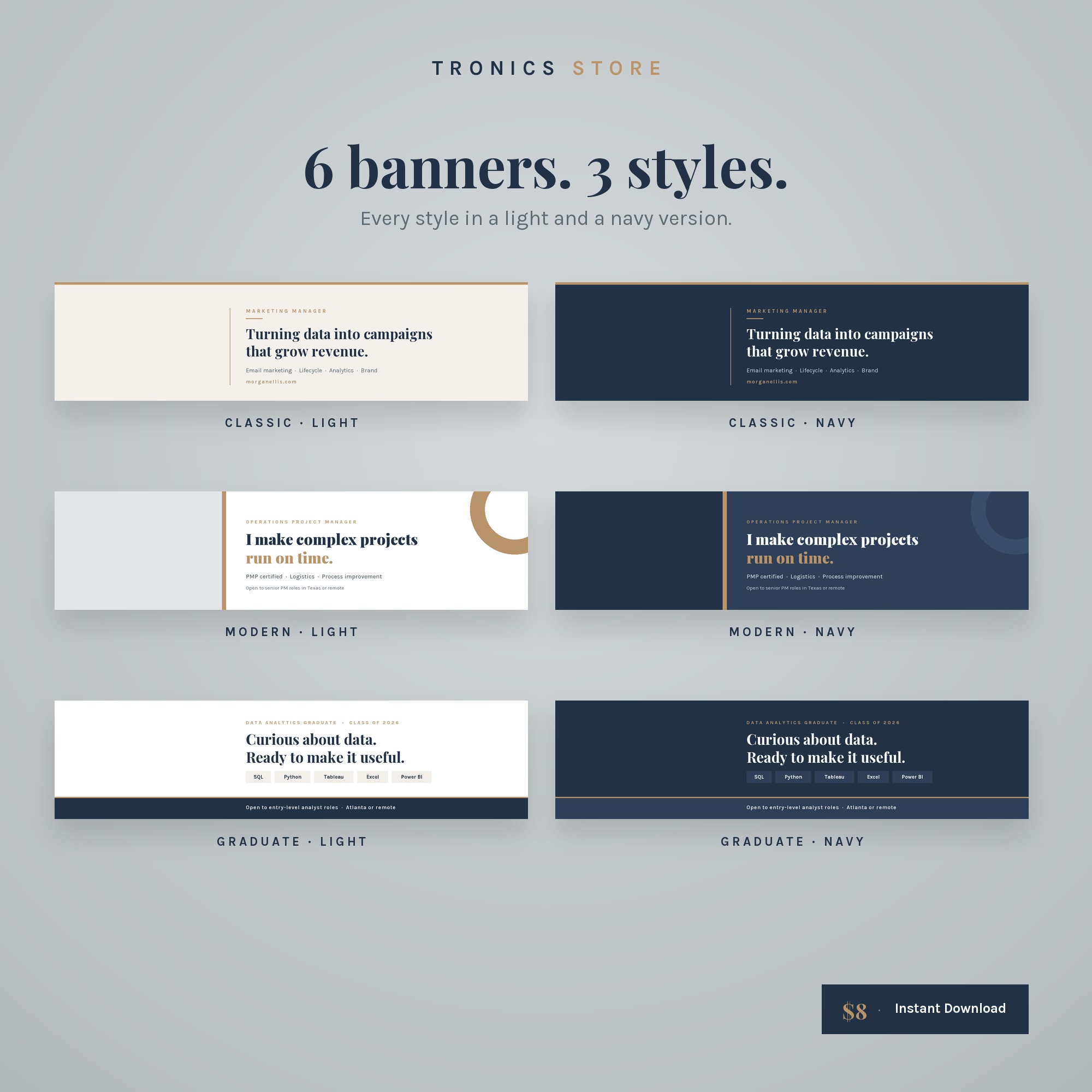 Six LinkedIn banner designs, each in a light and a navy colour version