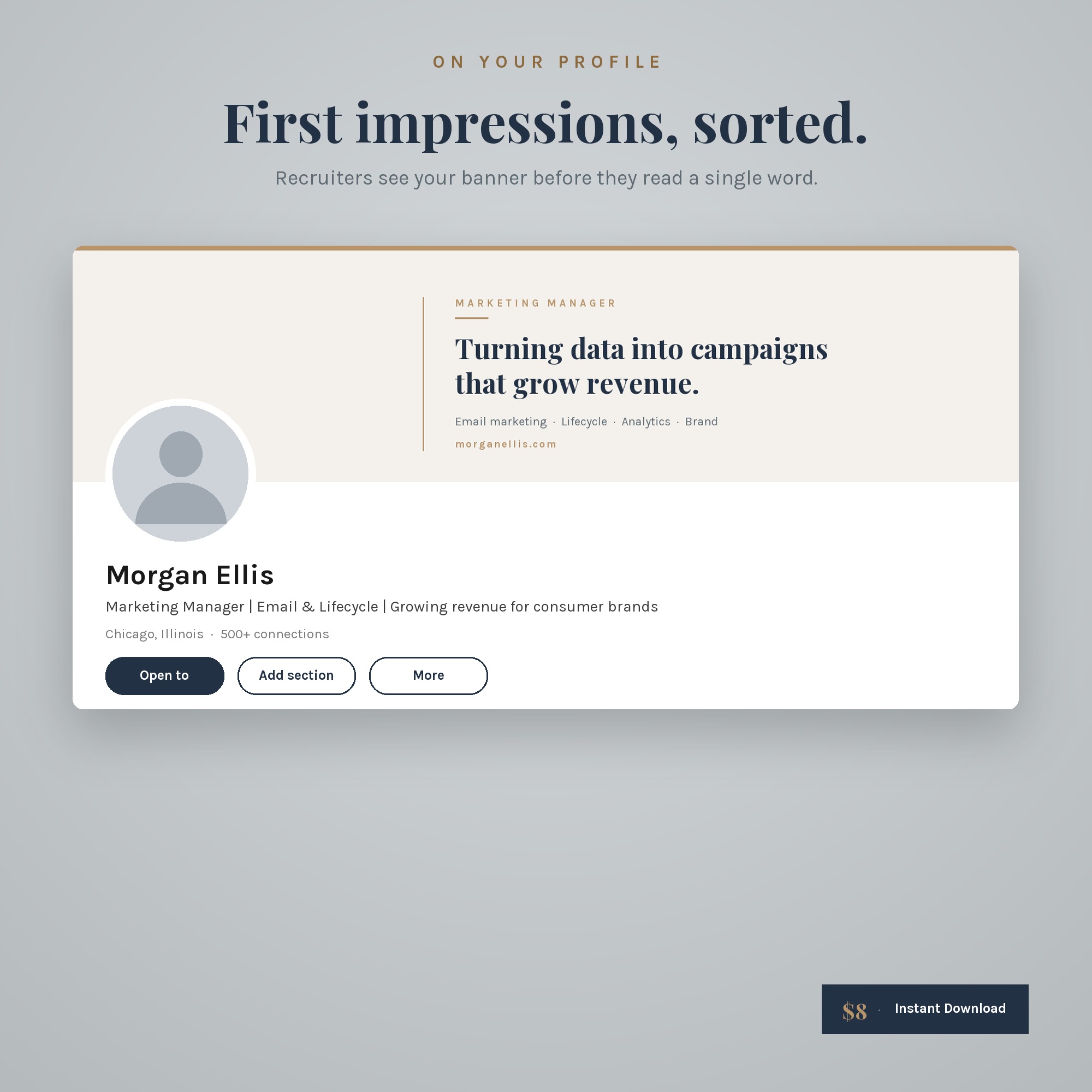 LinkedIn profile mockup with a professional banner behind the profile photo