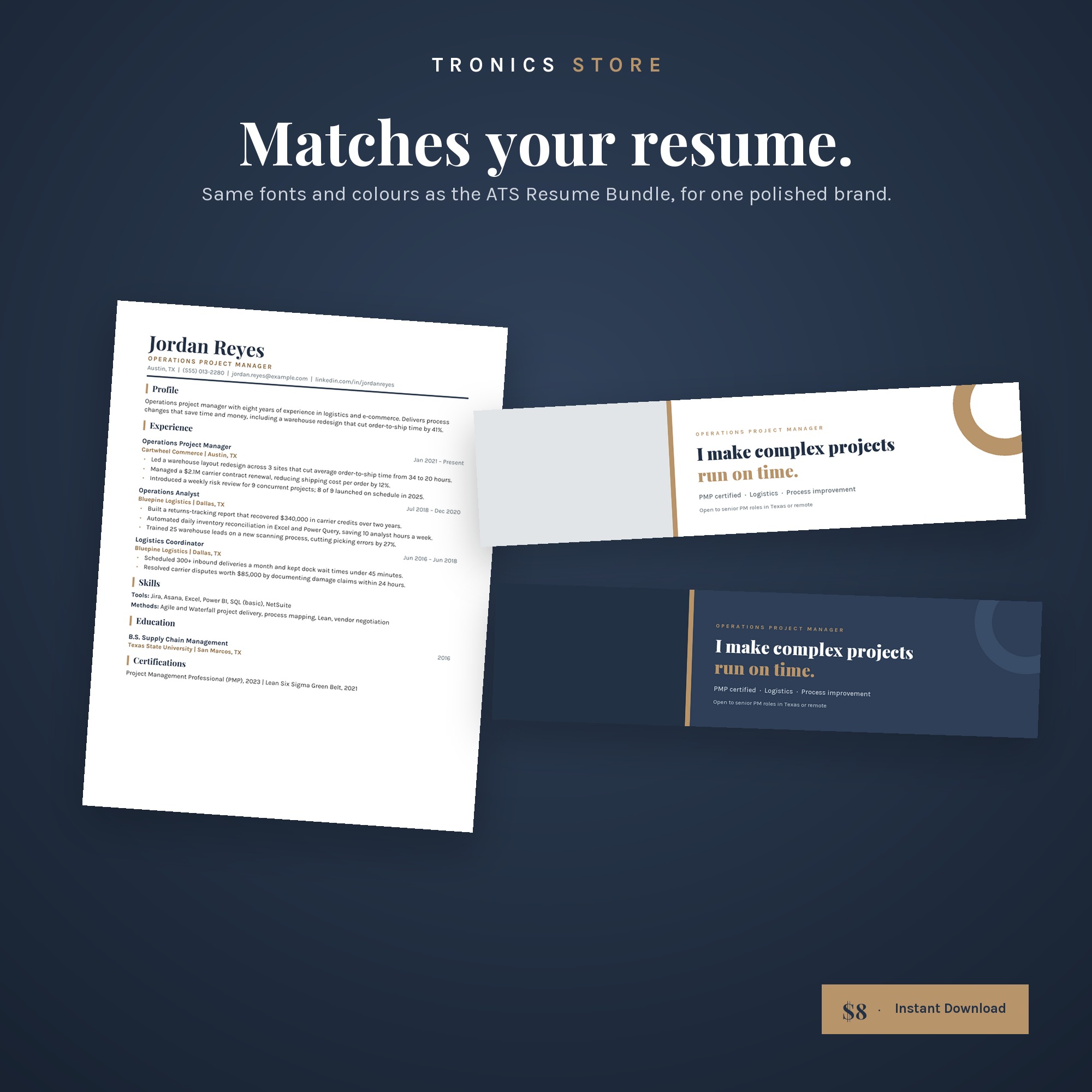 LinkedIn banners shown with a matching resume in the same fonts and colours