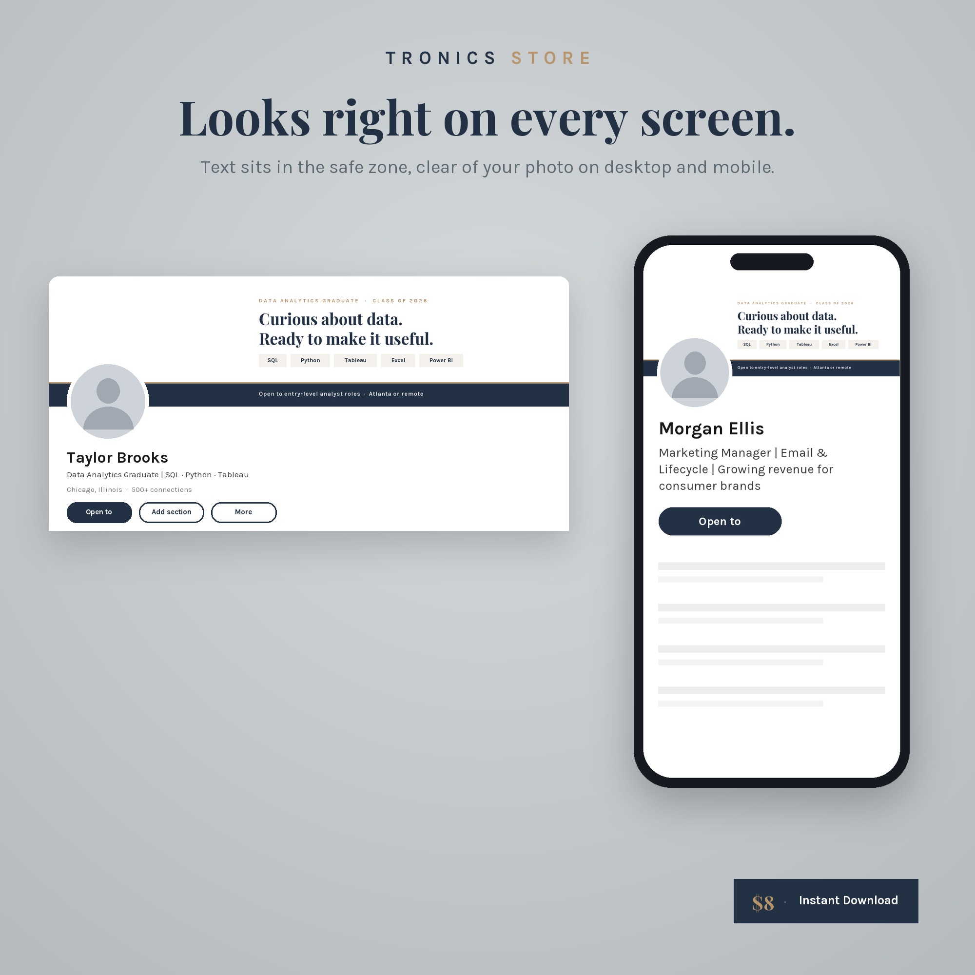 LinkedIn banner shown on a desktop profile and a mobile phone, with text clear of the profile photo