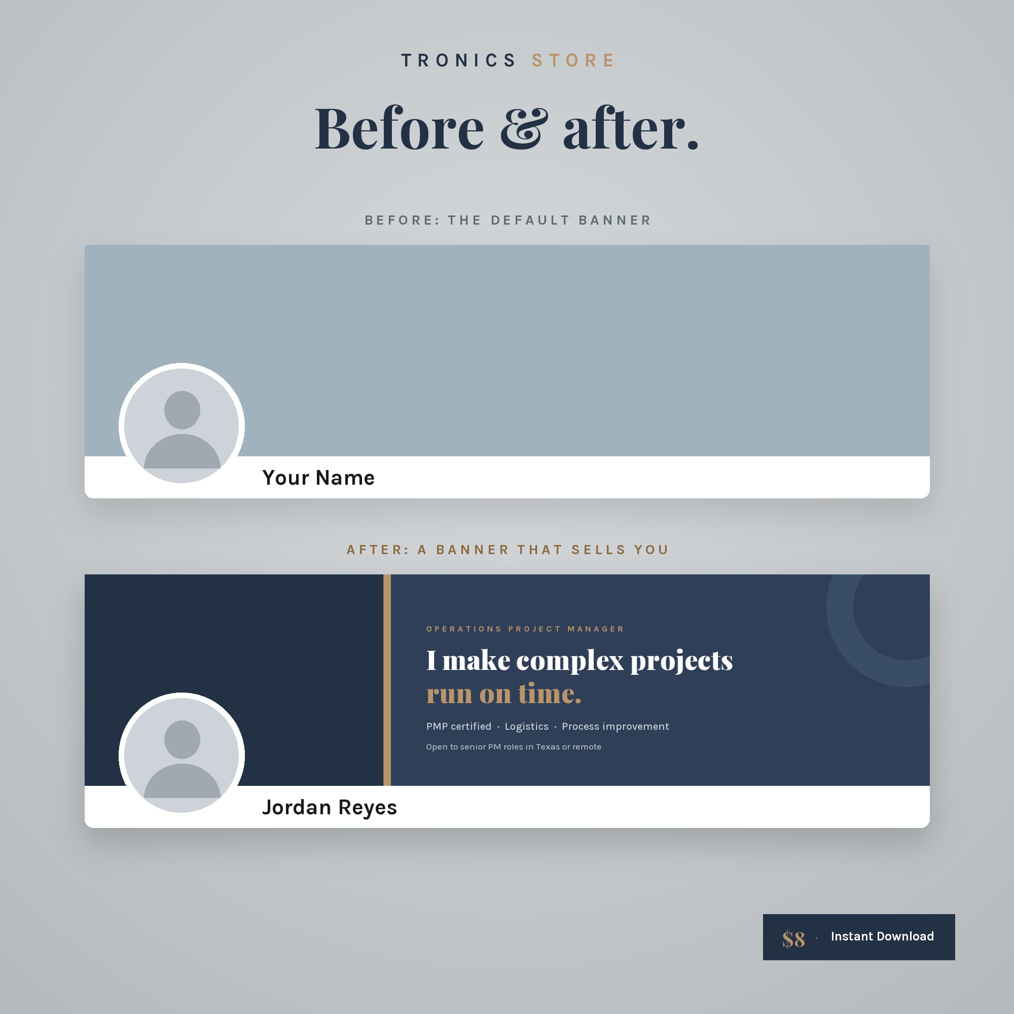 Before and after: the default grey LinkedIn banner compared with a custom professional banner