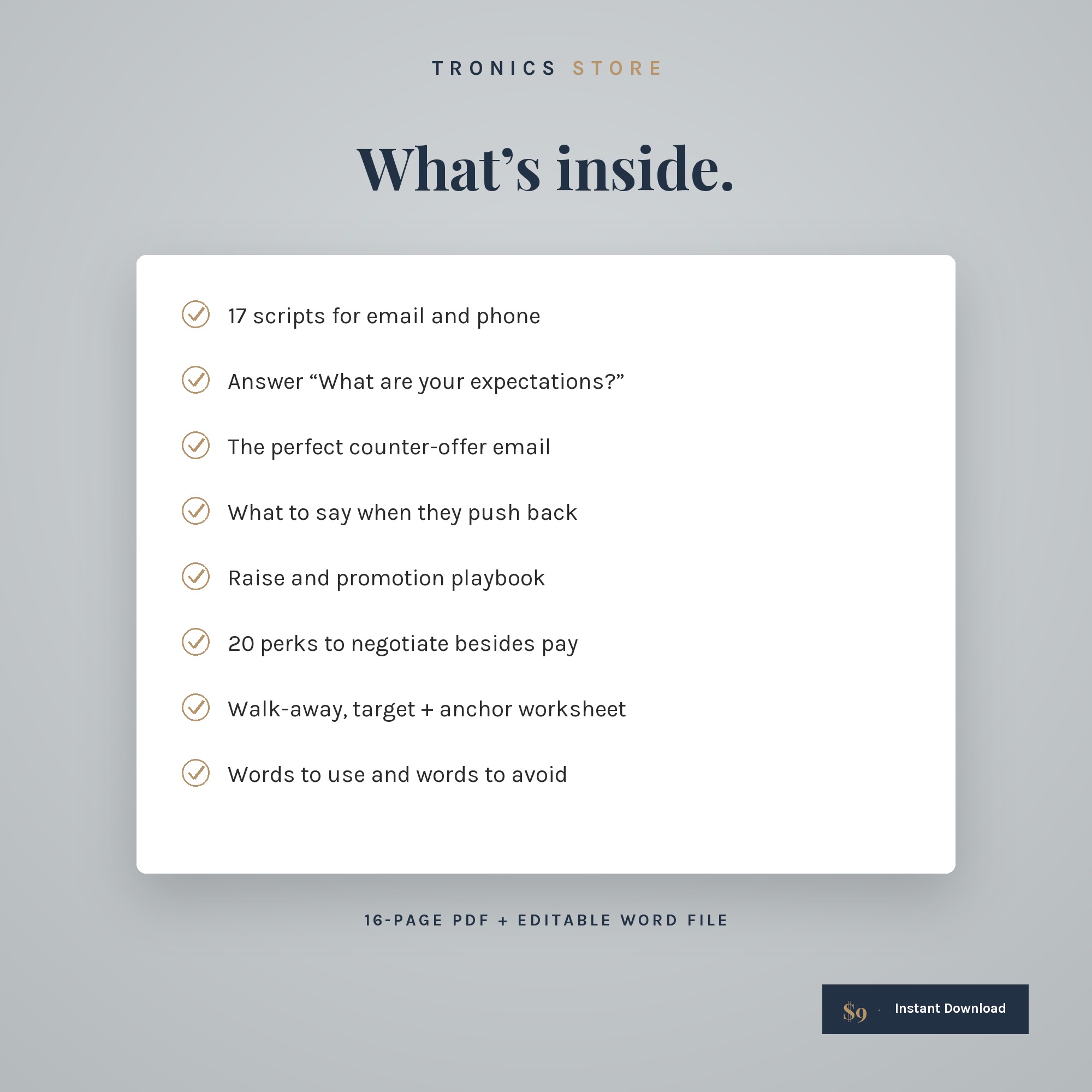 What's inside: 17 scripts, salary expectations answers, counter-offer email, raise playbook and perks checklist