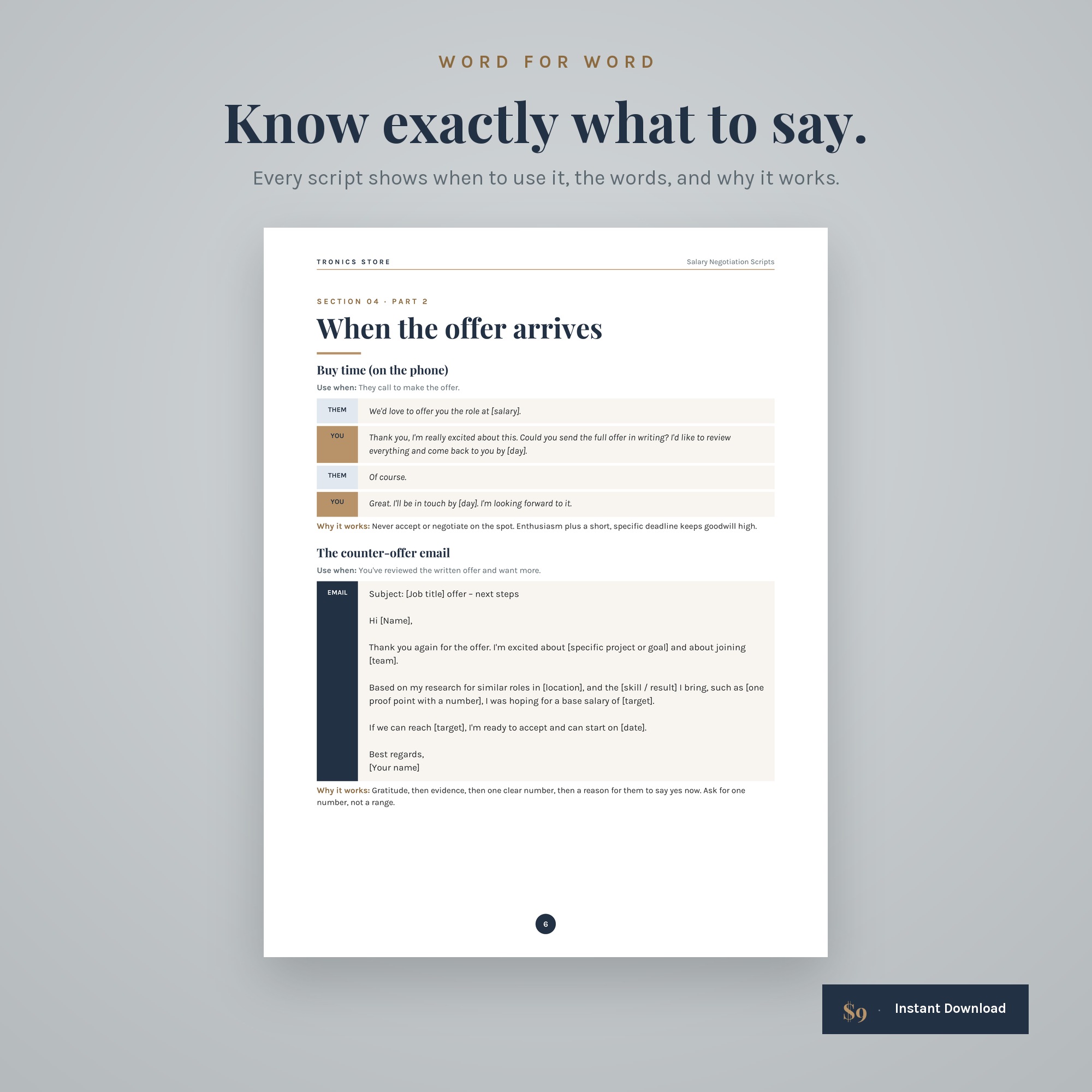Script page showing what to say on the phone when you receive a job offer, and a counter-offer email template