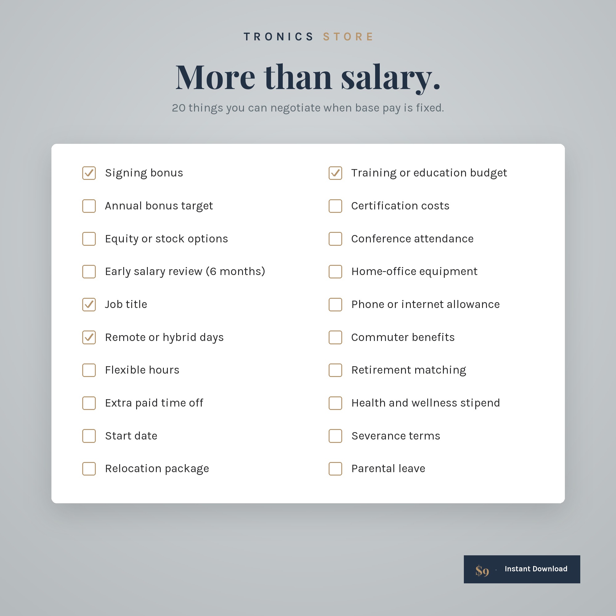 Checklist of 20 things to negotiate besides salary, such as signing bonus, remote days and training budget