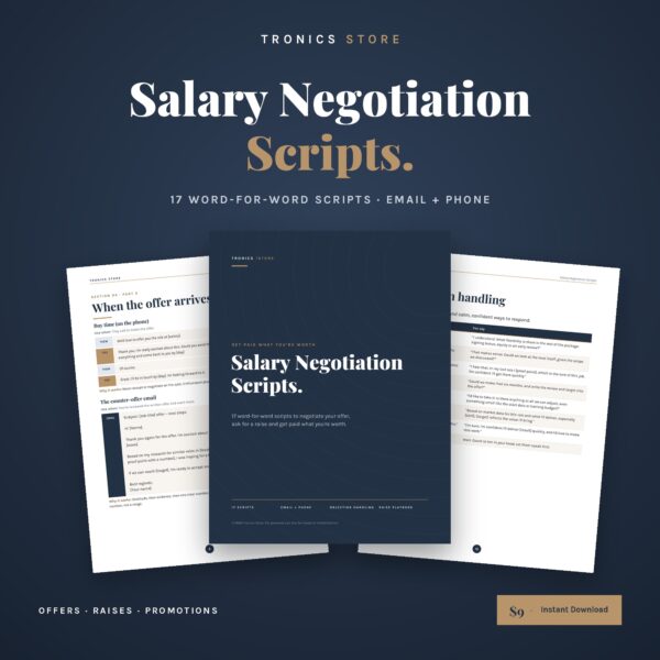 Salary Negotiation Scripts cover with pages showing a counter-offer email and an objection-handling table