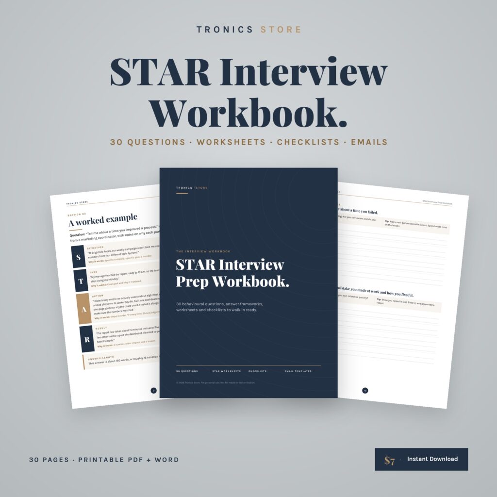 STAR Interview Workbook cover with example pages showing STAR method answers and interview worksheets
